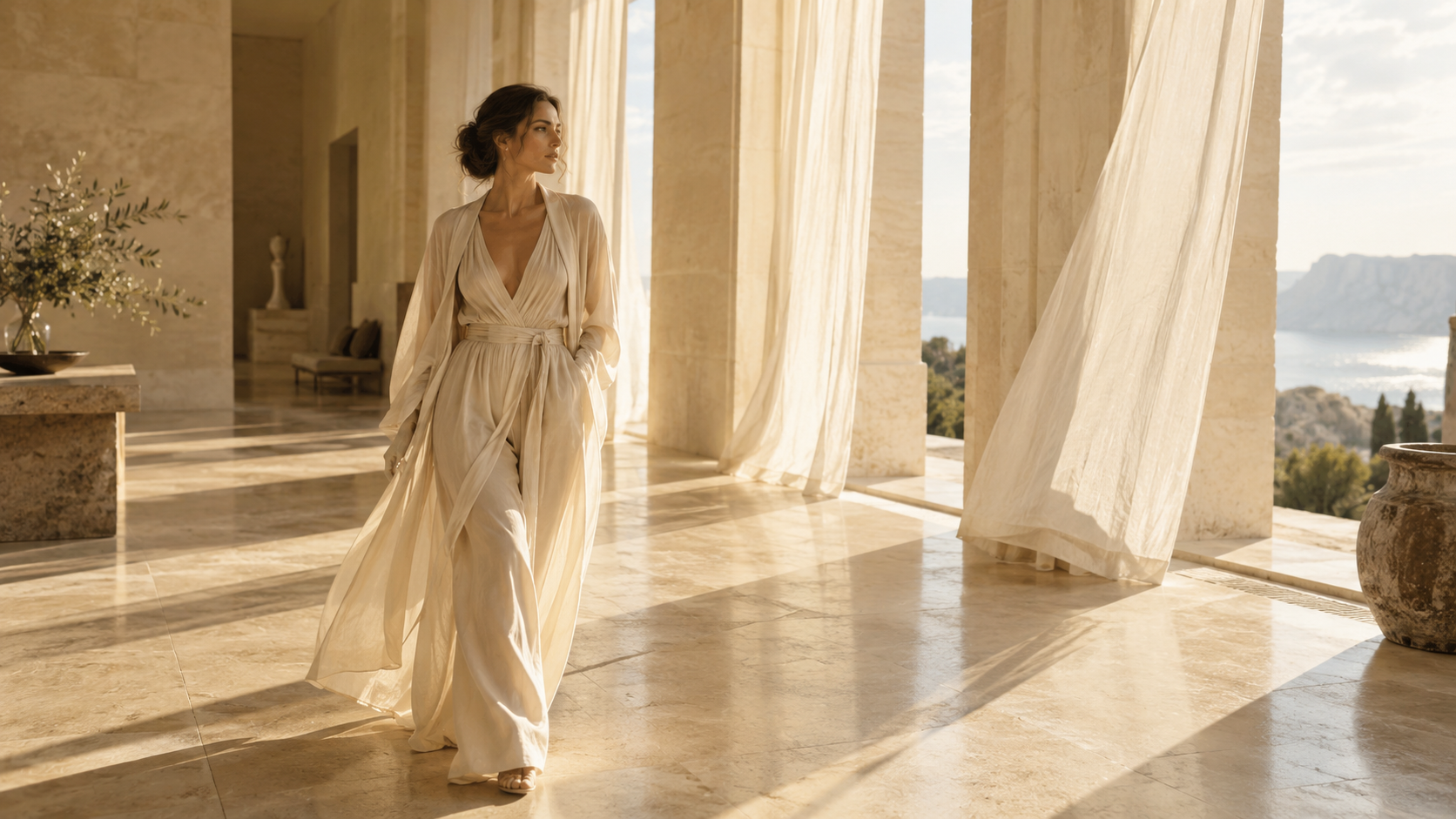 Sunlit cinematic portrait in a warm ivory interior